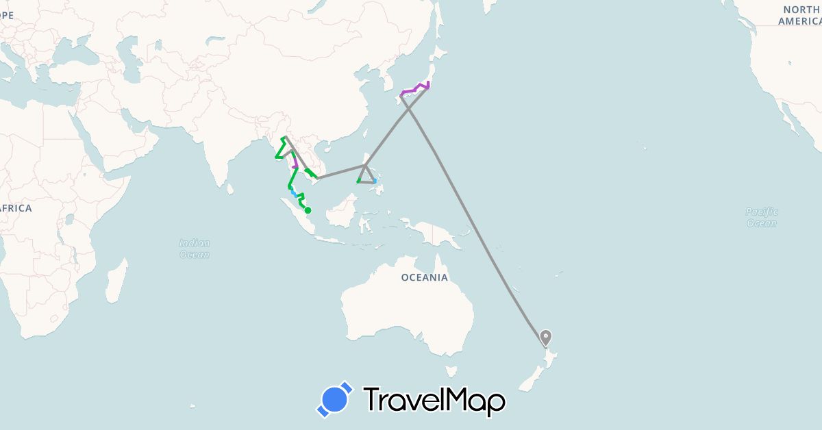 TravelMap itinerary: driving, bus, plane, train, boat in Japan, Cambodia, Myanmar (Burma), Malaysia, New Zealand, Philippines, Singapore, Thailand, Vietnam (Asia, Oceania)